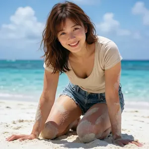 AI画像 ビーチに座る砂まみれのアジア人女性