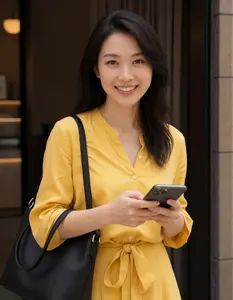 AI画像 鞄を肩にかけてスマホを持つアジア人女性