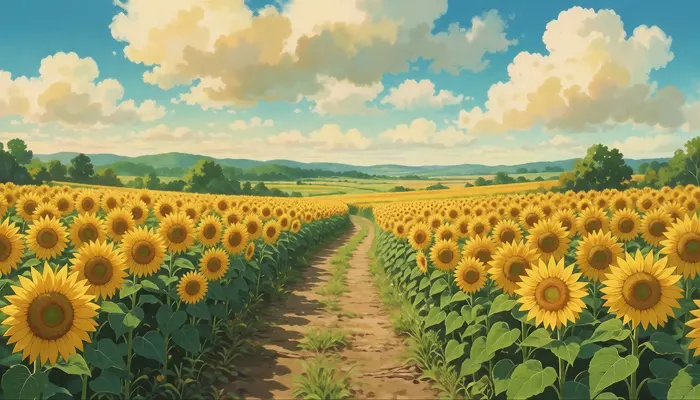 フリーAI画像, CC0 AI画像, イラスト（AI画像）, 風景（AI画像）, 田舎, 植物（AI画像）, 花（AI画像）, 向日葵（ヒマワリ）, 花畑, 夏（AI画像）