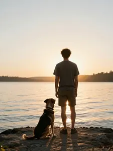 AI画像 湖の前に立つ男性と犬の後ろ姿