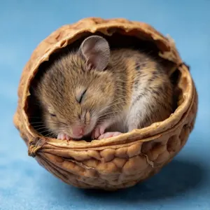 AI画像 クルミの殻の中で眠る小さなネズミ