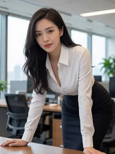 AI画像 オフィスデスク手をついて前かがみになる女性会社員