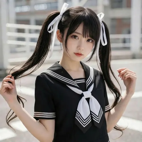フリーAI画像, CC0 AI画像, 写真（AI画像）, 人物（AI画像）, 女性（AI画像）, アジア人女性, 若い女性, ポートレイト, セーラー服, ツインテール, 髪を触る