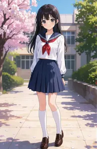 AI画像 桜が咲く学校の前庭に立つセーラー服姿の女子学生
