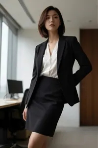 AI画像 黒色のジャケットとスカート姿の女性会社員