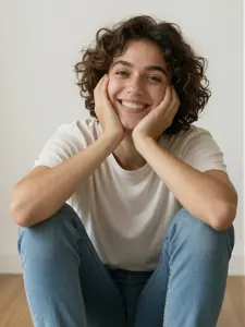 AI画像 頬に両手を当ててフリーリングの床に座る外国人女性