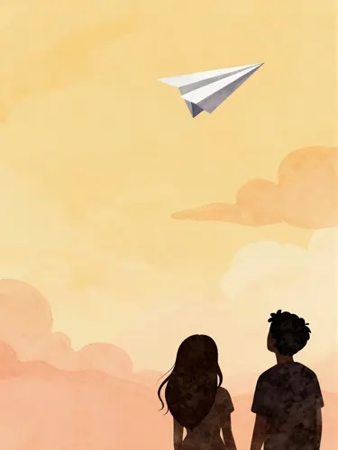 フリーAI画像, CC0 AI画像, イラスト（AI画像）, 空, 夕方（夕暮れ）, 夕焼け, 紙飛行機, カップル（AI画像）, 後ろ姿, 眺める