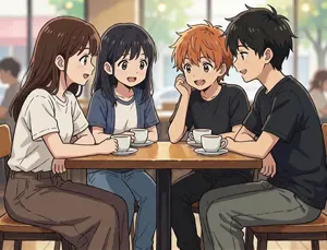 AI画像 カフェに集まる四人の若者