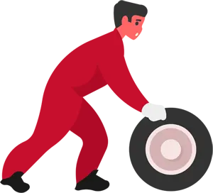 フリーイラスト タイヤを転がす自動車整備士