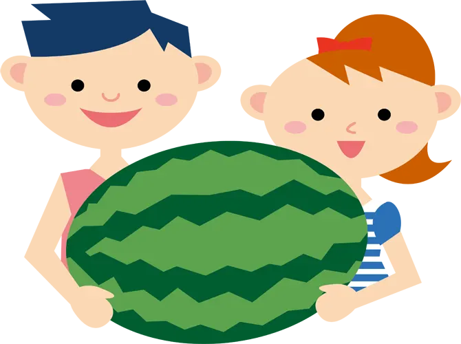 フリーイラスト, CC0 イラスト, ベクター, EPS, 人物（イラスト）, カップル（イラスト）, 食べ物（イラスト）, 果物（フルーツ）, 西瓜（スイカ）, 夏（イラスト）