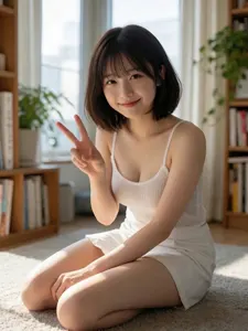 AI画像 カーペットの上に座ってピースサインのアジア人女性