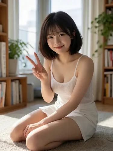 フリーAI画像, CC0 AI画像, 写真（AI画像）, 人物（AI画像）, 女性（AI画像）, アジア人女性, 若い女性, ポートレイト, 床に座る, ピースサイン, キャミソール姿, ミニスカート姿