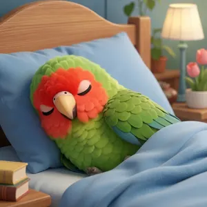 AI画像 ベッドで眠るコザクラインコ