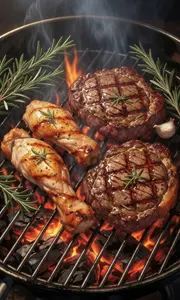 AI画像 グリルの上で焼くローズマリーと肉