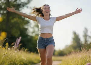 AI画像 手を広げて歓喜するTシャツとショートパンツ姿の外国人女性