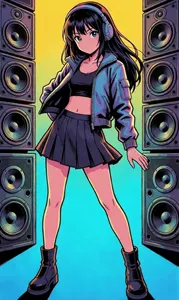 AI画像 積み上げられたスピーカーと少女