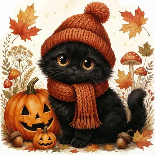 フリーAI画像, CC0 AI画像, イラスト（AI画像）, 年中行事（AI画像）, ハロウィン, 10月, ハッピーハロウィン, 猫（ネコ）, 黒猫, ジャック・オー・ランタン, 秋（AI画像）, 茸（キノコ）, 団栗（ドングリ）, ニット帽, マフラー姿