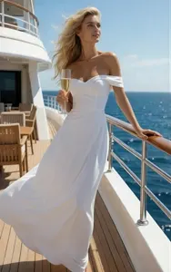 AI画像 白色のドレスを着て甲板に立つ外国人女性