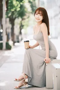 フリー写真 ロングワンピースを着てベンチに座る台湾人女性
