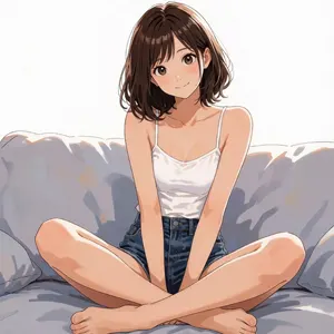 AI画像 あぐらをくんでソファーに座る少女