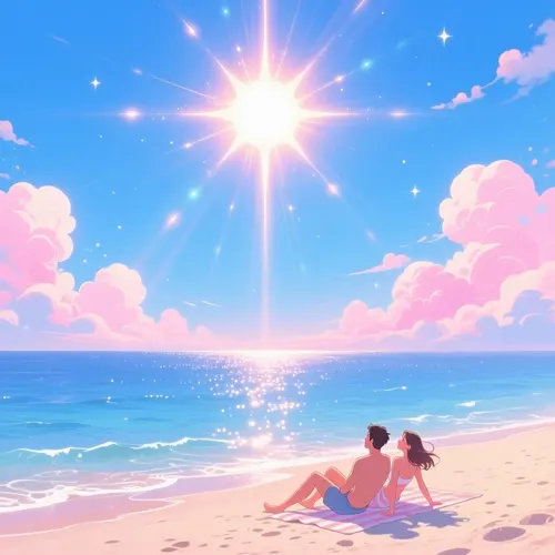 フリーAI画像, CC0 AI画像, イラスト（AI画像）, 風景（AI画像）, 人と風景, 砂浜（ビーチ）, 海, 太陽光（日光）, 夏（AI画像）, カップル（AI画像）, 地面に座る, 海水浴