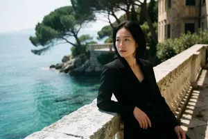 AI画像 海の側のバルコニーにいるアジア人女性