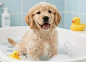 AI画像 お風呂に入る子犬のゴールデンレトリバー