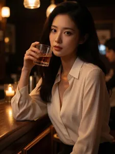 AI画像 バーでウイスキーを飲むアジア人女性