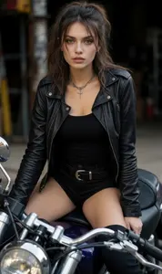 AI画像 ライダースジャケットを着てバイクにまたがる外国人女性