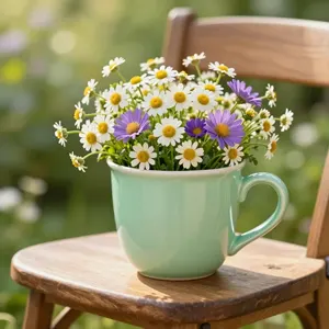 AI画像 椅子に上に置かれたヒナギクの花