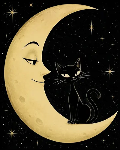 フリーAI画像, CC0 AI画像, イラスト（AI画像）, 動物（AI画像）, 哺乳類, 猫（ネコ）, 黒猫, 月, 三日月