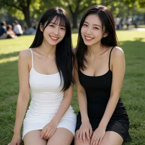 AI画像 白と黒のキャミワンピを着て芝生の上に座る二人のアジア人女性