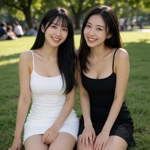 フリーAI画像, CC0 AI画像, 写真（AI画像）, 人物（AI画像）, 女性（AI画像）, アジア人女性, 若い女性, ポートレイト, ミニワンピース姿, 地面に座る, 二人, 友達