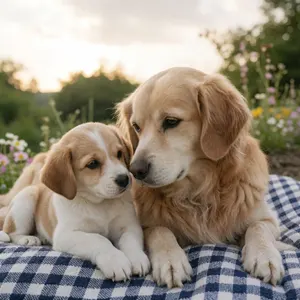 AI画像 成犬のゴールデンレトリバーと子犬