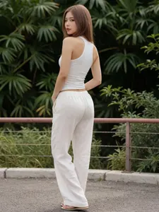 AI画像 レーサーバック型のタンクトップ姿で振り返るアジア人女性