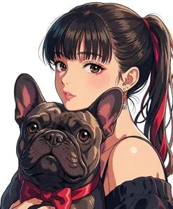 AI画像 フレンチ・ブルドッグの頭の上に顎をのせる少女