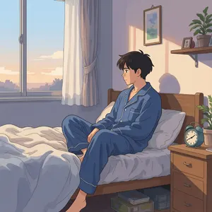 AI画像 パジャマ姿でベッドに座ってぼーっとする少年