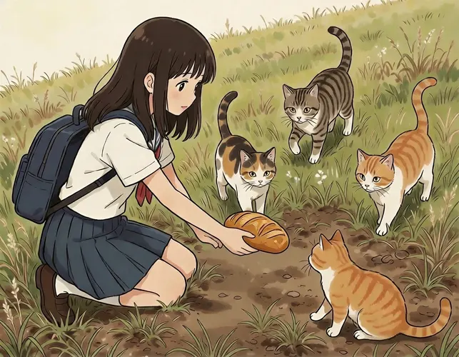 フリーAI画像, CC0 AI画像, イラスト（AI画像）, 人物（AI画像）, 少女（AI画像）, 学生（生徒）, 学生服, セーラー服, 中学生, 人と動物, 動物（AI画像）, 哺乳類, 猫（ネコ）, 餌やり, 両膝をつく