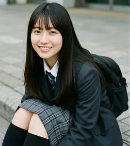 AI画像 段差に座っている女子学生