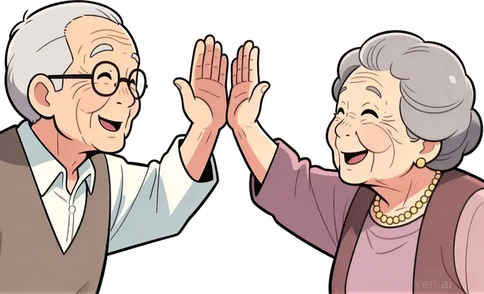 フリーAI画像, CC0 AI画像, イラスト（AI画像）, 人物（AI画像）, カップル（AI画像）, 夫婦, 老人, おじいさん, おばあさん, ハイタッチ, 二人