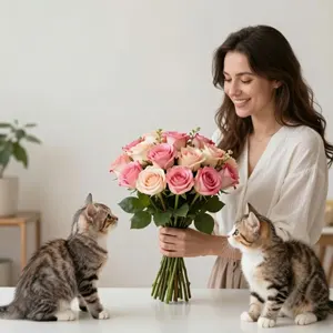 AI画像 バラの花束を持った女性と二匹の子猫