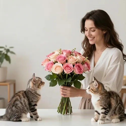 フリーAI画像, CC0 AI画像, 写真（AI画像）, 人物（AI画像）, 女性（AI画像）, 外国人女性, 若い女性, ポートレイト, 人と花, 花束, 薔薇（バラ）, 人と動物, 猫（ネコ）, 子猫