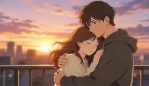 AI画像 夕暮れの屋上で抱き合うカップル