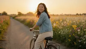 AI画像 自転車に乗って後ろを振り返るアジア人女性