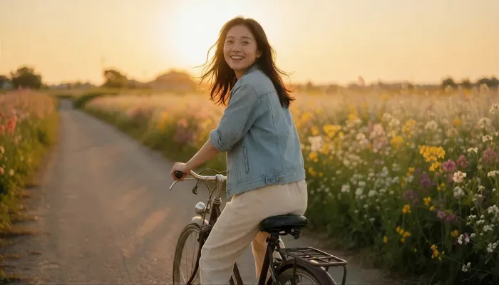 フリーAI画像, CC0 AI画像, 写真（AI画像）, 人物（AI画像）, 女性（AI画像）, アジア人女性, 若い女性, ポートレイト, 自転車, 振り返る, デニムジャケット姿, 夕方（夕暮れ）, 夕焼け, 人と花, 花畑