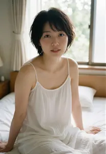 AI画像 キャミソール姿でベッドの上に座るショートヘアのアジア人女性