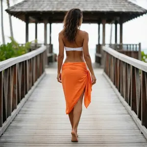 AI画像 ビキニとパレオで桟橋を歩く女性の後ろ姿