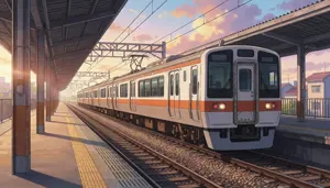 AI画像 夕暮れの駅に止まる電車