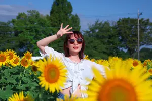 フリー写真 サングラスをかけてひまわり畑に立つ日本人女性