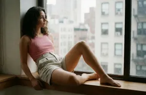 AI画像 柱にもたれて窓の前に座る外国人女性